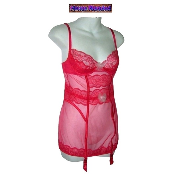 Victorias Secret Red Sheer Lace Bows Garter Cami Sexy Boudoir Pin Up Negligee - Picture 2 of 11